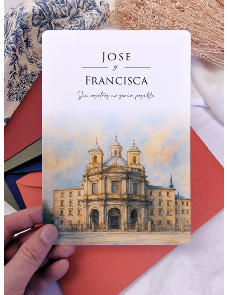 Invitación acuarela boda papel Real Basílica de San Francisco El Grande, Madrid