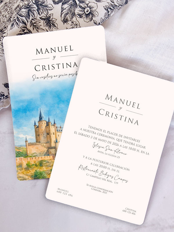 Invitación personalizada acuarela boda papel Alcázar de Segovia
