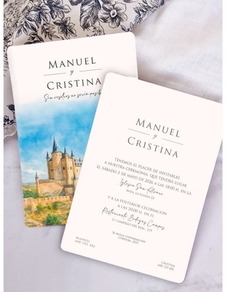 Invitación personalizada acuarela boda papel Alcázar de Segovia