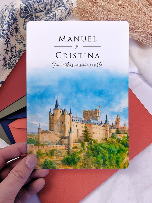Invitación bonita acuarela boda papel Alcázar de Segovia
