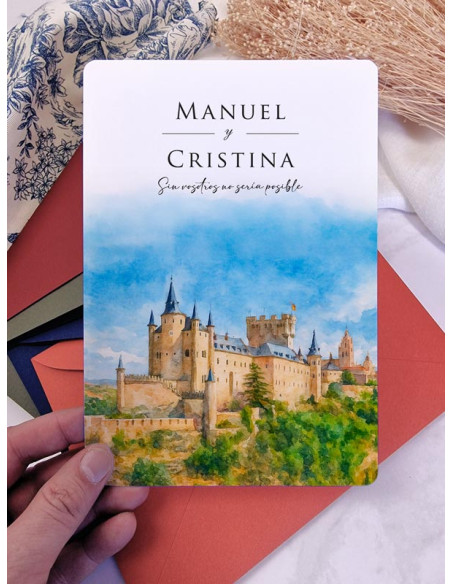 Invitación bonita acuarela boda papel Alcázar de Segovia
