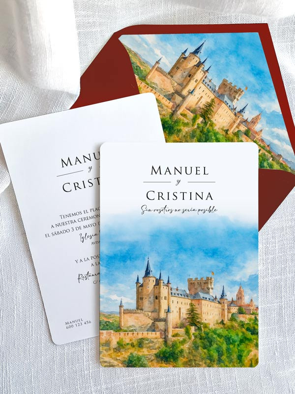Invitación acuarela barata boda papel Alcázar de Segovia