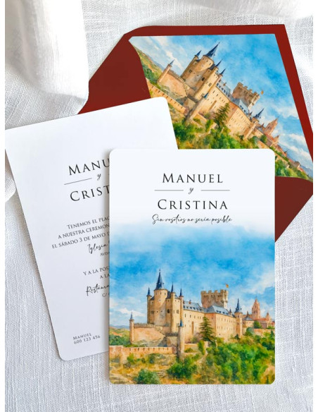 Invitación acuarela barata boda papel Alcázar de Segovia