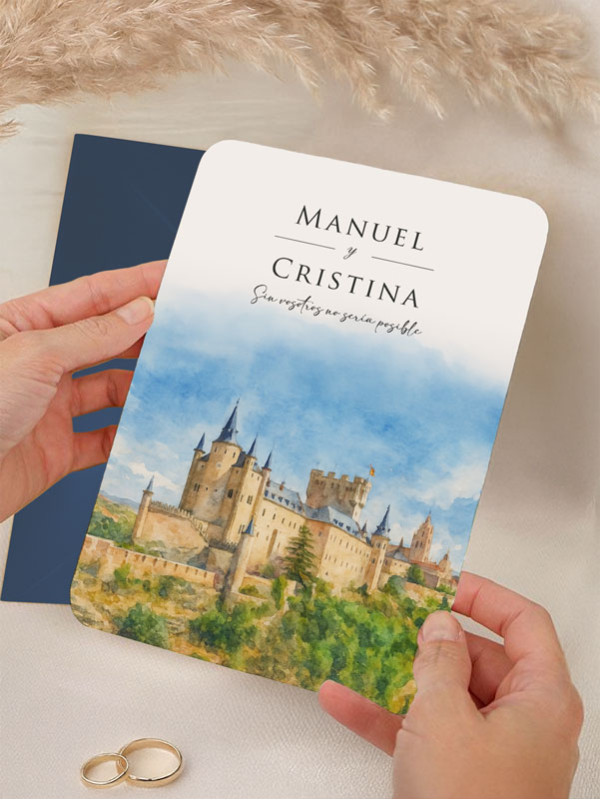 Invitación acuarela boda económica Alcázar de Segovia