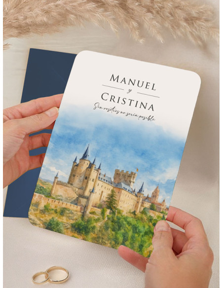 Invitación acuarela boda económica Alcázar de Segovia