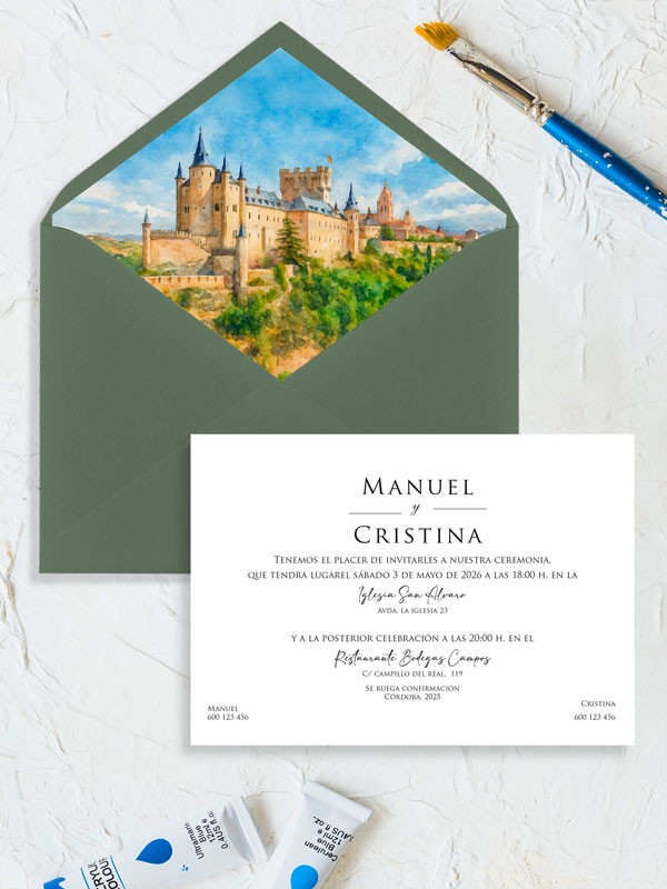Invitación acuarela boda original Alcázar de Segovia