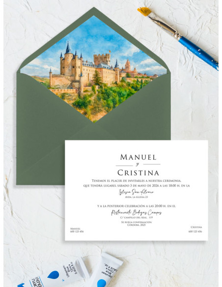 Invitación acuarela boda original Alcázar de Segovia