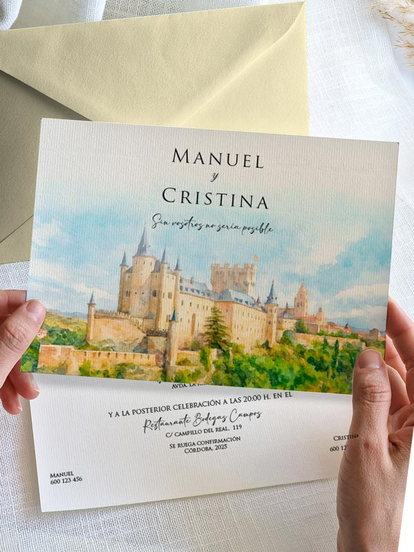 Invitación acuarela boda Alcázar de Segovia