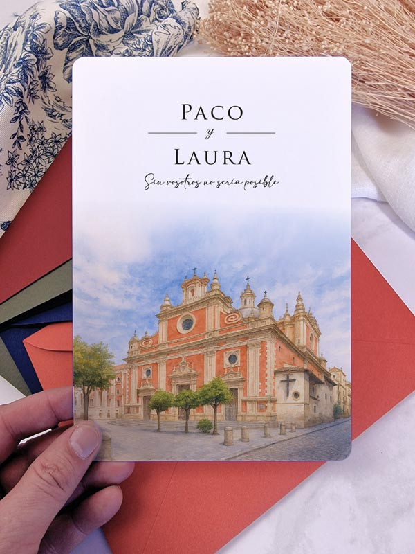Invitación acuarela boda barata Iglesia del Salvador, Sevilla