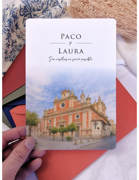 Invitación acuarela boda barata Iglesia del Salvador, Sevilla
