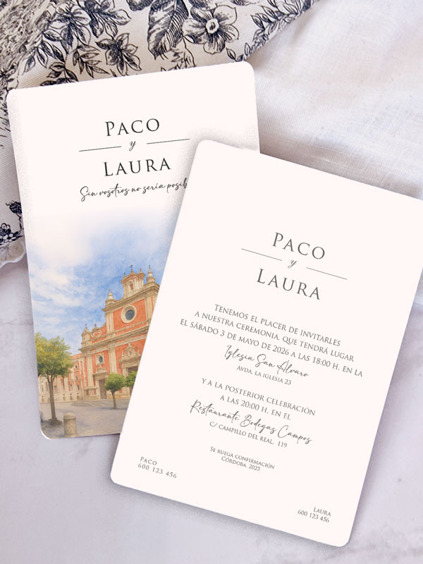 Invitación acuarela boda bonita Iglesia del Salvador, Sevilla