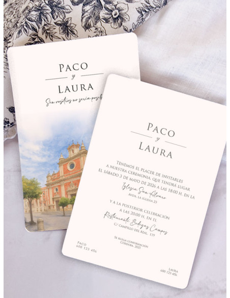 Invitación acuarela boda bonita Iglesia del Salvador, Sevilla