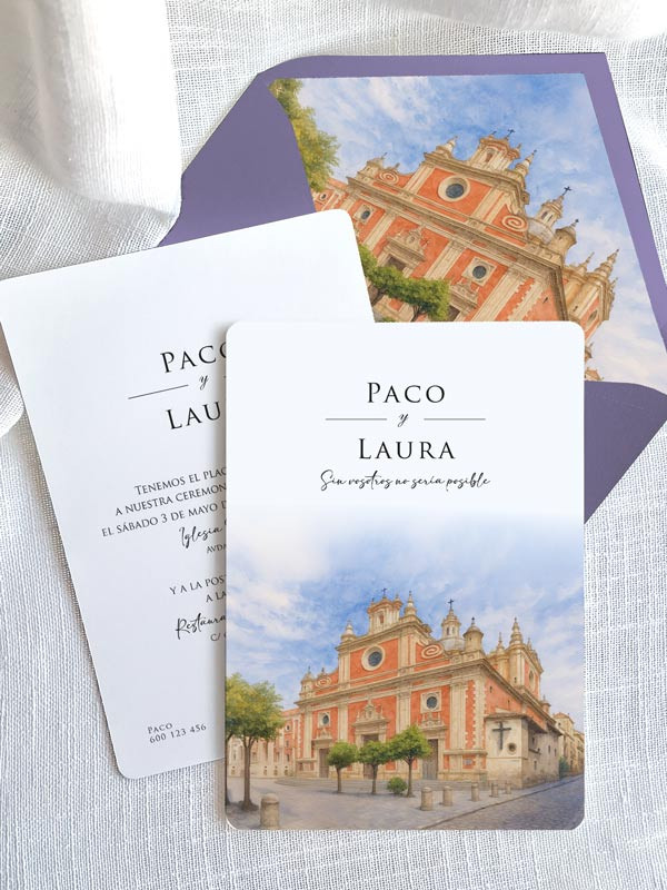 Invitación original acuarela boda papel Iglesia del Salvador, Sevilla