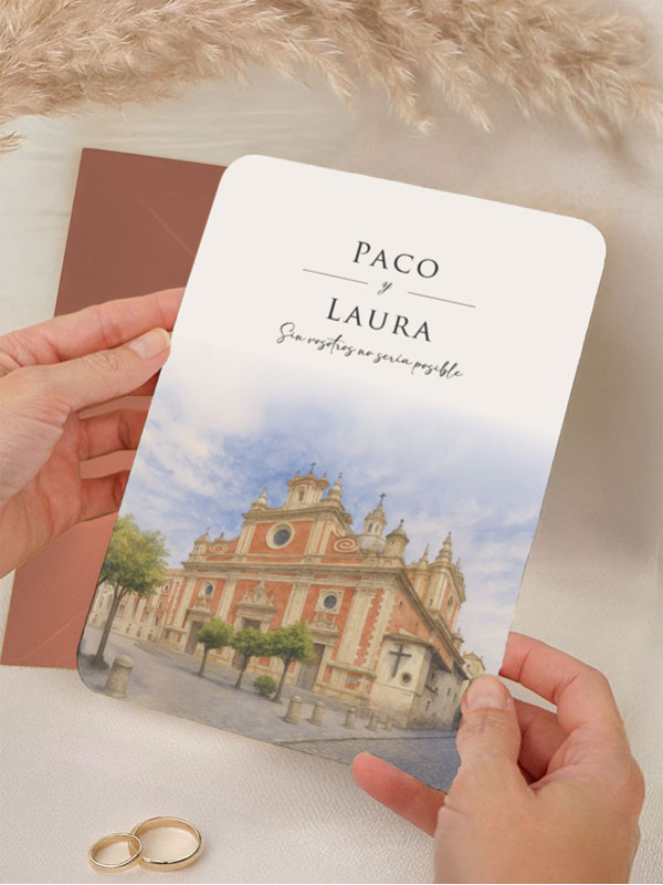 Invitación acuarela boda papel económica Iglesia del Salvador, Sevilla