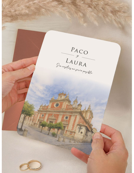 Invitación acuarela boda papel económica Iglesia del Salvador, Sevilla