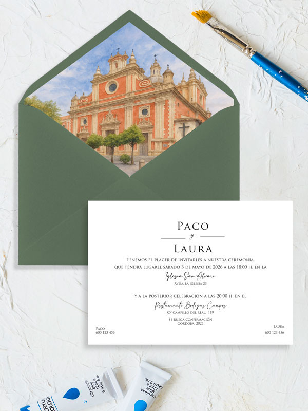 Invitación personalizada acuarela boda papel Iglesia del Salvador, Sevilla