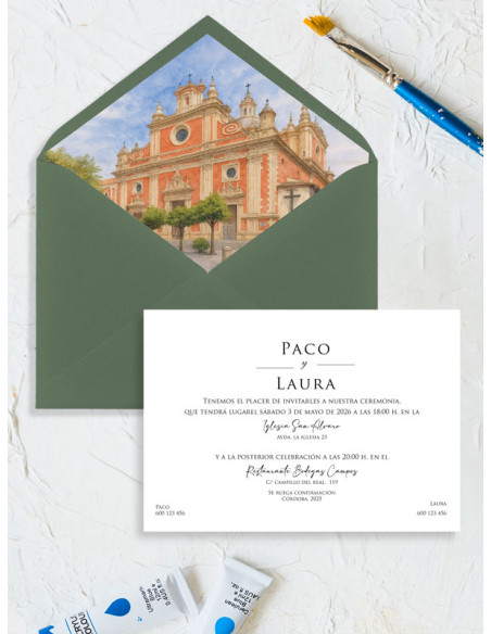 Invitación personalizada acuarela boda papel Iglesia del Salvador, Sevilla