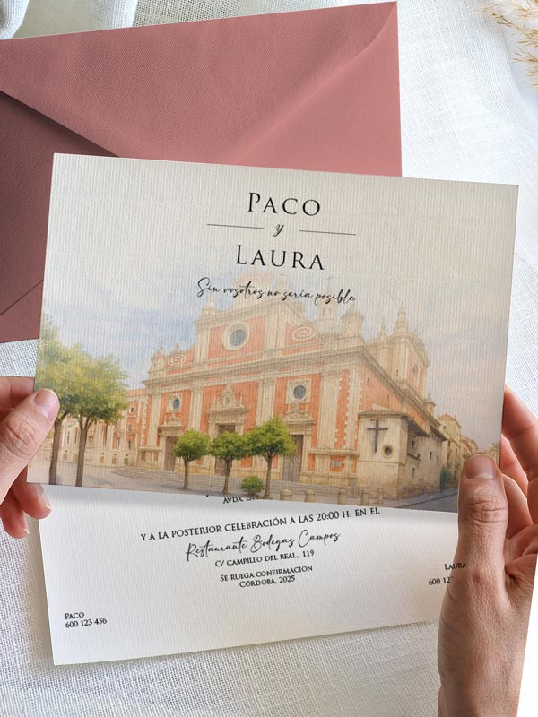 Invitación acuarela boda papel...