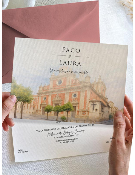 Invitación acuarela boda papel Iglesia del Salvador, Sevilla