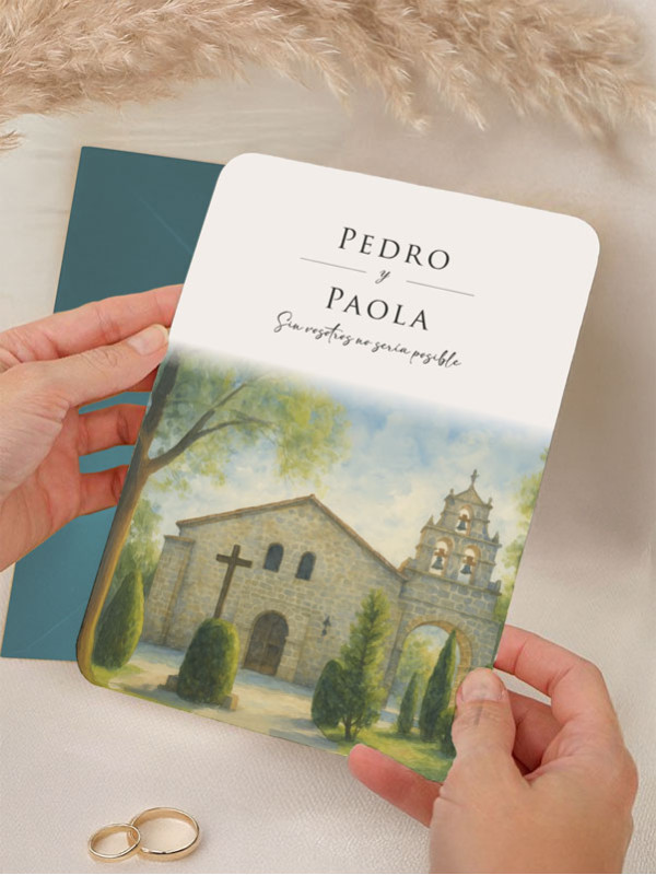 Invitación personalizada acuarela boda papel Ermita de Nuestra Señora de Sonsoles