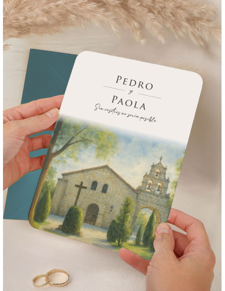 Invitación personalizada acuarela boda papel Ermita de Nuestra Señora de Sonsoles