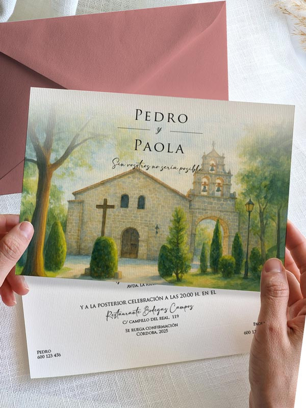 Invitación acuarela boda barata Ermita de Nuestra Señora de Sonsoles