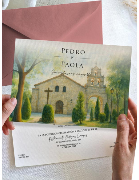 Invitación acuarela boda barata Ermita de Nuestra Señora de Sonsoles