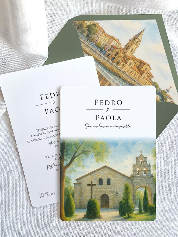 Invitación acuarela boda original papel Ermita de Nuestra Señora de Sonsoles