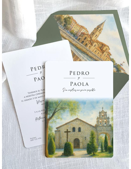Invitación acuarela boda original papel Ermita de Nuestra Señora de Sonsoles
