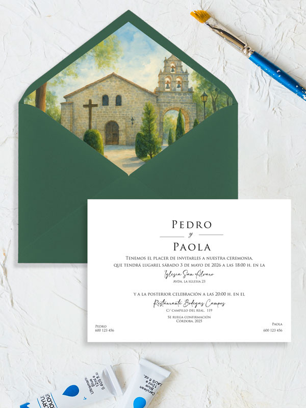 Invitación acuarela boda bonita Ermita de Nuestra Señora de Sonsoles