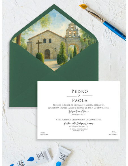 Invitación acuarela boda bonita Ermita de Nuestra Señora de Sonsoles