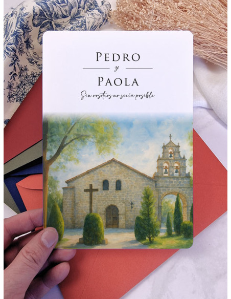 Invitación acuarela boda papel Ermita de Nuestra Señora de Sonsoles