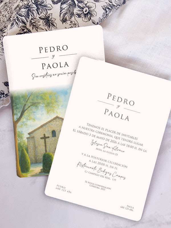Invitación acuarela boda papel Ermita...