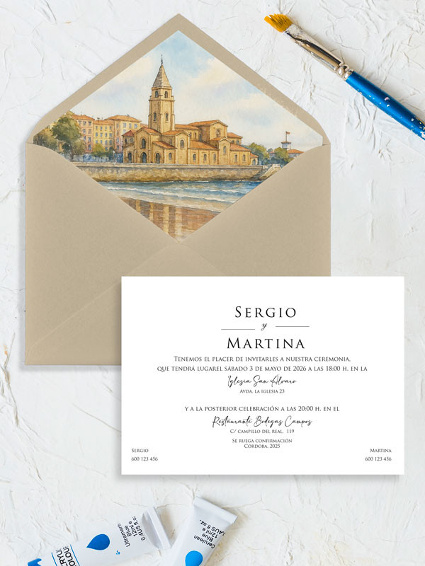 Invitación acuarela personalizada boda papel Real Club Astur de Regatas, Gijón