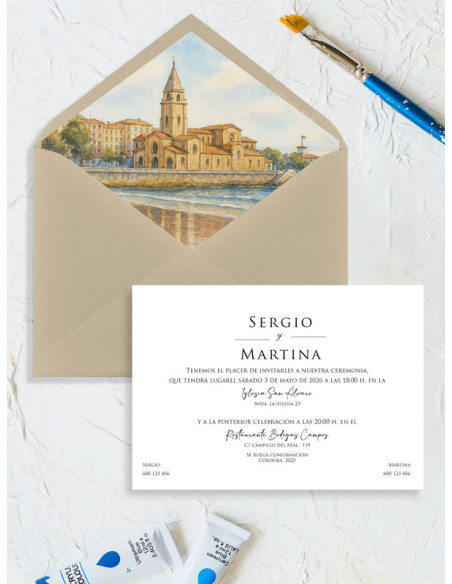 Invitación acuarela personalizada boda papel Real Club Astur de Regatas, Gijón