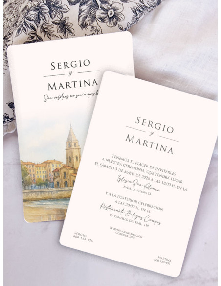 Invitación acuarela boda papel Real Club Astur de Regatas, Gijón