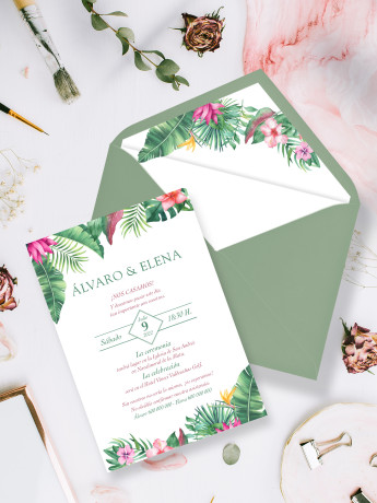 Invitación de boda con sobre tropical 2
