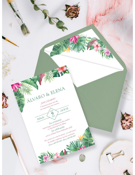 Invitación de boda con sobre tropical barata