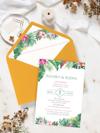 Invitación de boda con sobre tropical