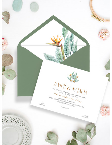 Invitaciones Boda con sobres especiales Ave del Paraíso