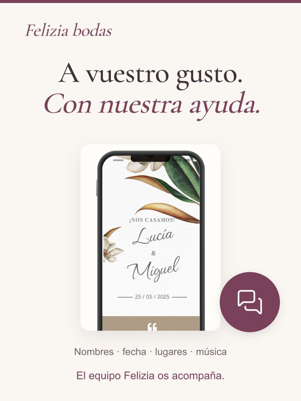Invitación Magnolia personalizada con vuestros nombres, fecha, lugares y música, con ayuda del equipo Felizia.