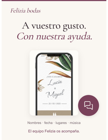 Invitación Magnolia personalizada con vuestros nombres, fecha, lugares y música, con ayuda del equipo Felizia.