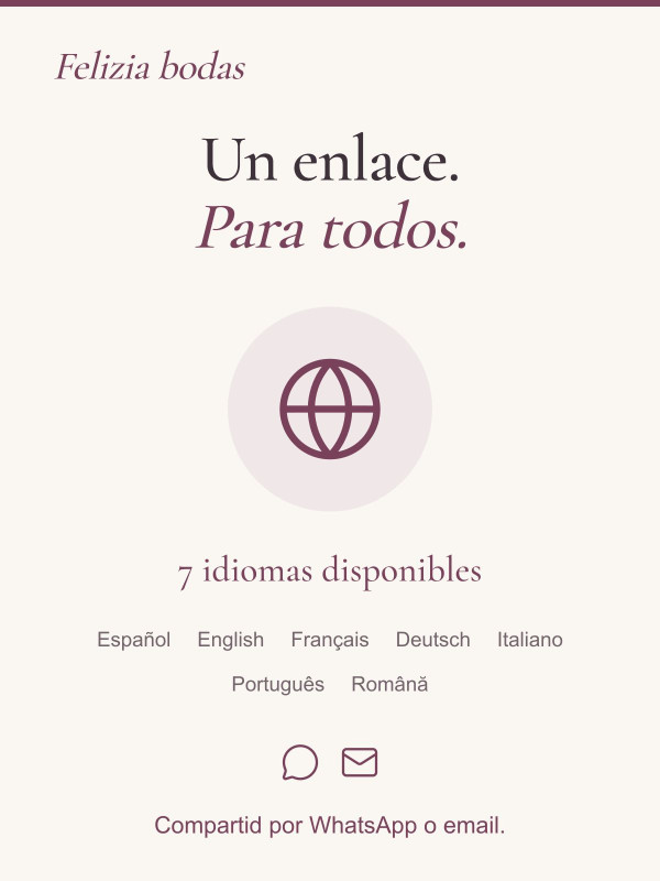 Compartid vuestra invitación por WhatsApp o email, con siete idiomas disponibles.
