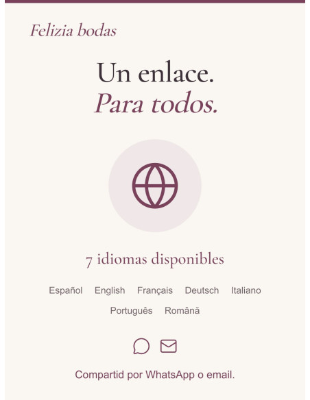 Compartid vuestra invitación por WhatsApp o email, con siete idiomas disponibles.