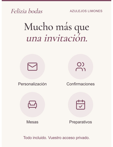 Invitación Azulejos Limones: personalización, confirmaciones, mesas y preparativos incluidos en vuestra área privada.