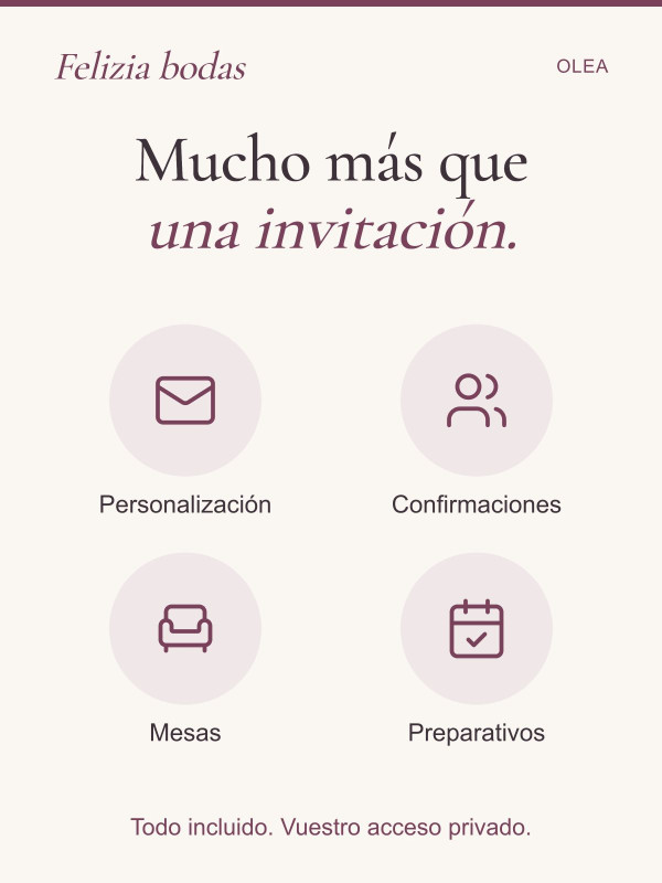 Invitación Olea: personalización, confirmaciones, mesas y preparativos incluidos en vuestra área privada.