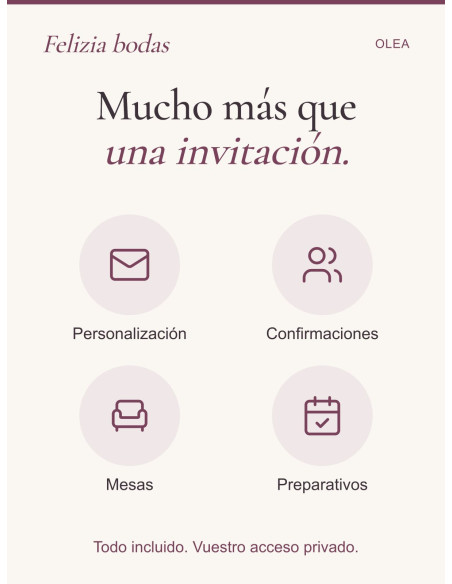 Invitación Olea: personalización, confirmaciones, mesas y preparativos incluidos en vuestra área privada.
