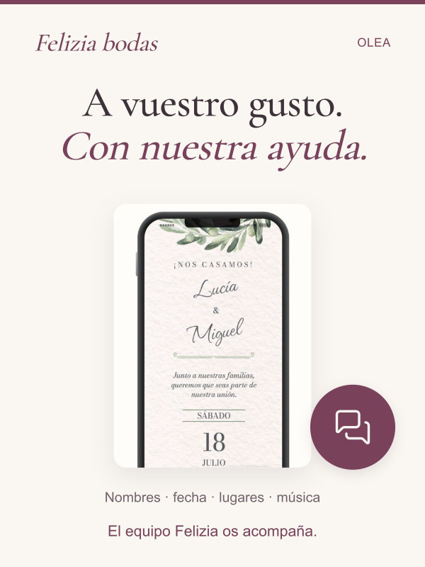 Invitación Olea personalizada con vuestros nombres, fecha, lugares y música, con ayuda del equipo Felizia.