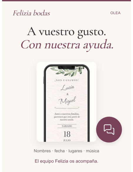 Invitación Olea personalizada con vuestros nombres, fecha, lugares y música, con ayuda del equipo Felizia.