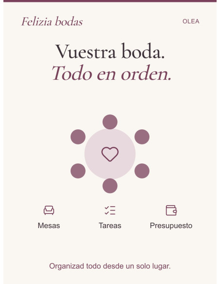Organizad invitados, mesas, tareas y presupuesto de vuestra boda en un solo lugar.